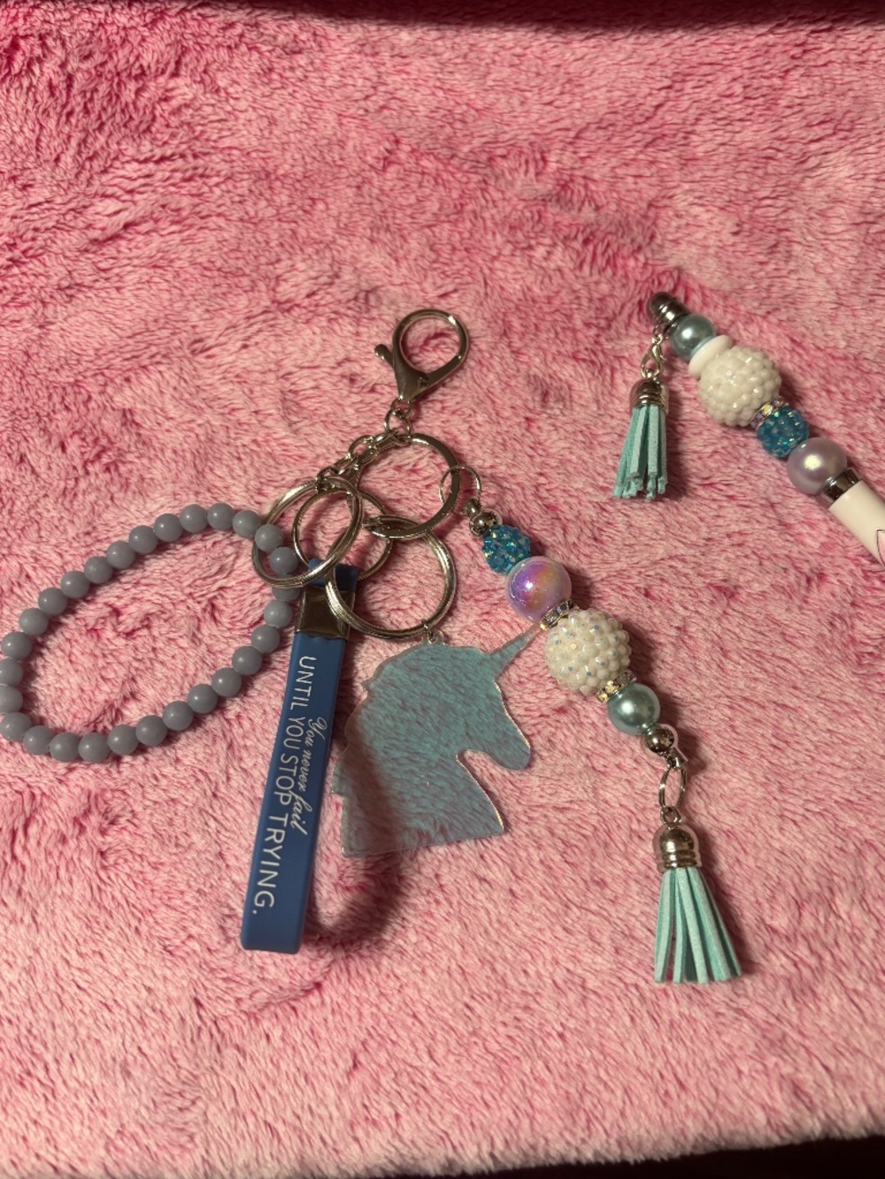 Angelite Bracelet Unicorn Keychain Inspirational Message & Handmade Beaded Pen - Picture 2 of 5